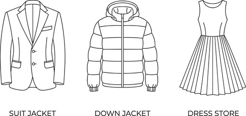 Minimalist clothing line icon set featuring a formal suit jacket, a hooded puffer down jacket, and a pleated dress with text labels isolated on white background. © EdGe Creative