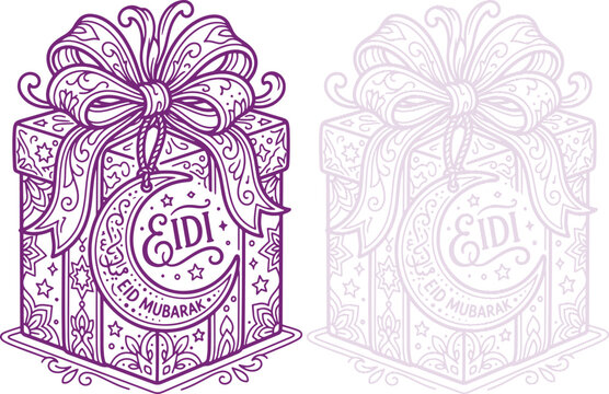 Eidi Gift Box with Crescent Moon and Bow Illustration in Purple Line Art Style American Occassion