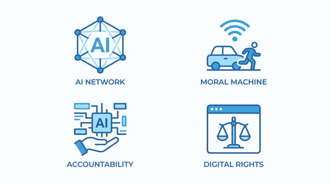 Vector graphic illustration Blue icons for AI, accountability, moral machine and digital rights