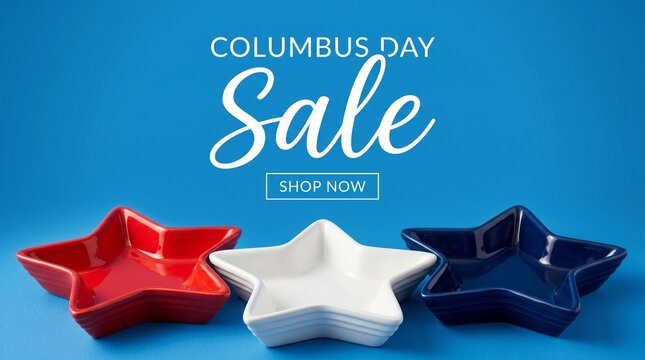 Columbus day sale announcement with star-shaped bowls in patriotic colors shopping promotion