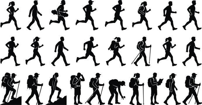 Running and Hiking Silhouette Collection with Backpackers Joggers Trekking People and Outdoor Adventure Vector Setrunning silhouette, hiking silhouette, backpacker, runner, 