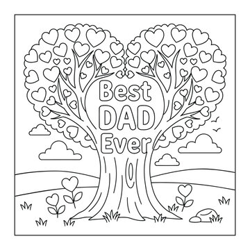 Father's Day coloring page of a heart shaped tree with best dad ever text in a scenic landscape for Father's Day