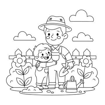 Father's Day coloring page of a dad in a hat hugging his son while gardening with a trowel and watering can for Father's Day