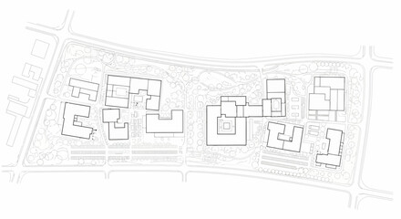 Architectural site plan showing building footprints and campus layout. © Watirah_Martodimejo