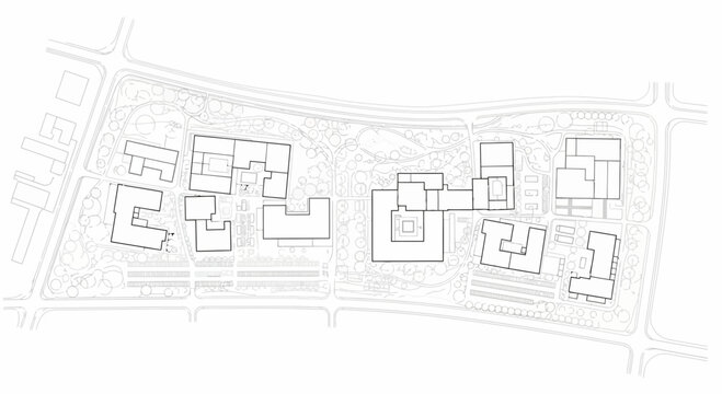 Architectural site plan showing building footprints and campus layout.
