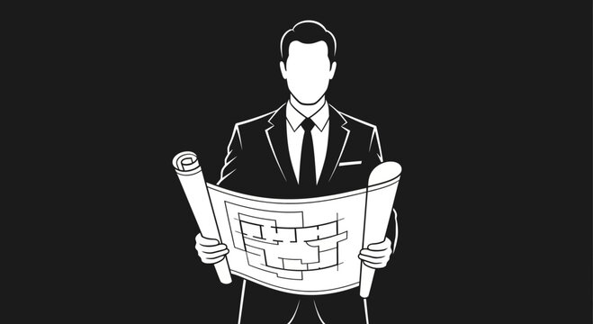 A professional architect in a suit holding a detailed building blueprint.