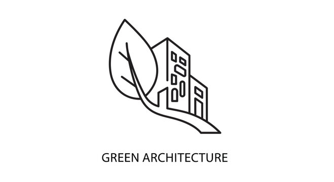 Minimalist line art illustration of a building integrated with a large leaf representing green architecture.