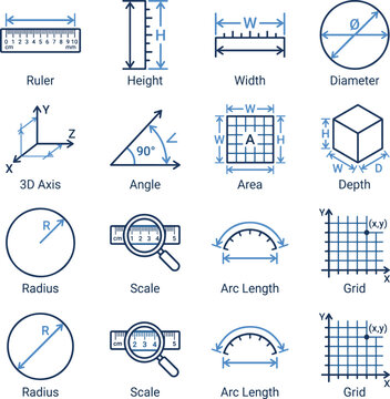 Measurement and dimension line icon set. Vector illustration of architectural math symbols featuring ruler, height, width, diameter, 3D axis, angle, area grid, depth cube, radius, magnifying scale, an