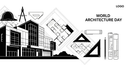 Naklejka premium A detailed architectural illustration featuring a modern building design with drafting tools and blueprints.