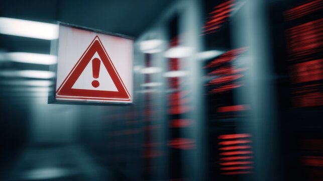 Warning sign in data center showing caution for server issues