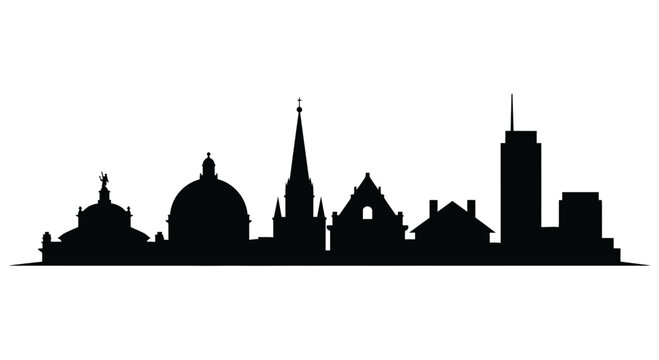 A detailed black silhouette of a diverse city skyline featuring historic and modern buildings.