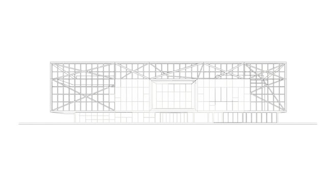 Architectural elevation drawing of a modern building facade with structural grid patterns.