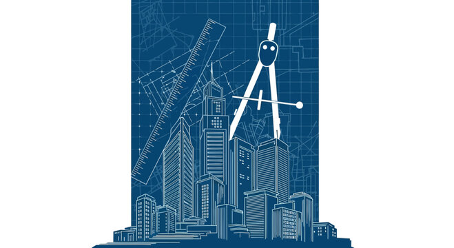 Architectural drafting tools and cityscape illustration.