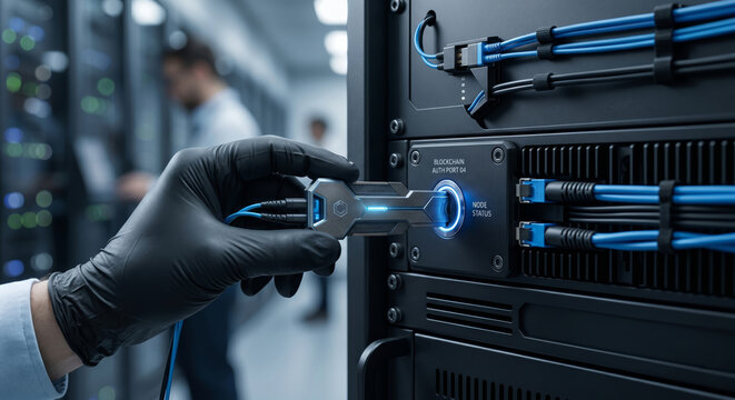 Technician inserting blockchain authentication key into server rack in secure data center.
