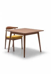 Fototapeta premium Modern Wooden Square Dining Table with Mid-Century Style Chair and Yellow Cushion Isolated on White Background