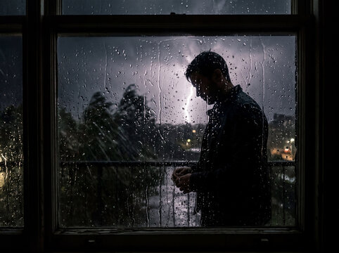 Moody portrait of a sad man silhouette standing behind a wet window pane during a dark thunderstorm with a lightning strike