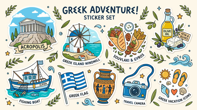 Greek travel and tourism sticker set.