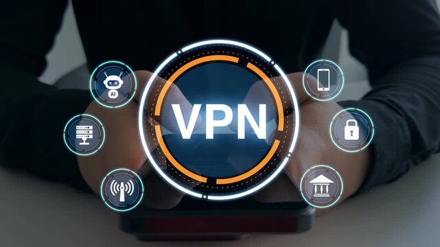VPN(Virtual Private Network) secure connection.Remote server private internet network to protect privacy personal data.Digital connection between computer and a remote server owned VPN provider.	
