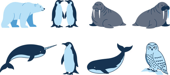 Polar Animals Vector Icon Set with Polar Bear Penguins Walruses Narwhal Whale and Snowy Owl Arctic Designs © Firoz