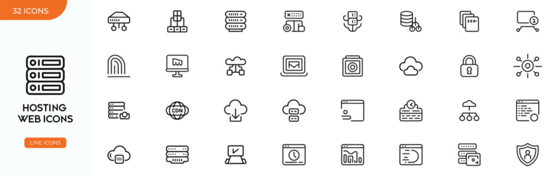 Hosting web icons in line style for website and application design