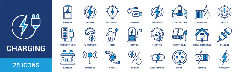 Fototapeta premium Charging icon set. Containing charge, battery, energy, electricity, charger, recharge, electric car and charging station icons. Blue icon collection. Vector illustration.
