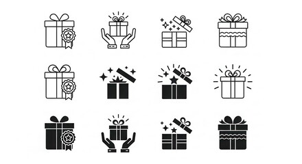 Fototapeta premium Set of Gift Box Icons in Line and Solid Styles for Holiday, Birthday, and Celebration Design Projects