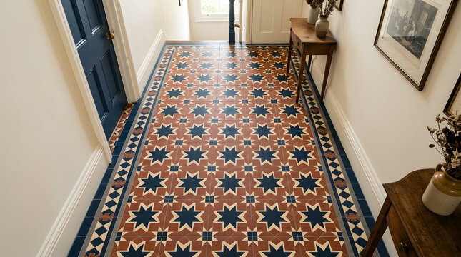 Elegant Victorian Hallway with Patterned Geometric Encaustic Floor Tiles | Traditional Interior Design and Home Renovation | Vintage Navy Blue Door and Antique Console Table | Classic Period Home