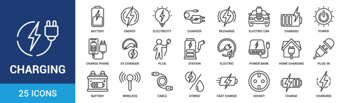 Charging icon set. Containing charge, battery, energy, electricity, charger, recharge, electric car and charging station icons. Outline icon collection. Vector illustration.