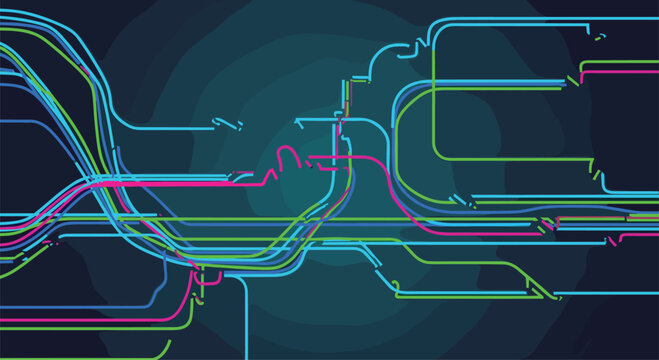 Futuristic abstract background in the style of a metro map or circuit board, featuring glowing, interconnected lines and paths on a dark, tech-inspired backdrop.