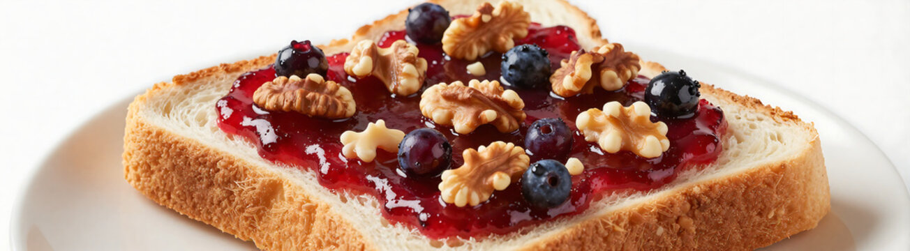shot hand holding slice toast layer vibrant red berry spread topped assorted nuts partially occluded