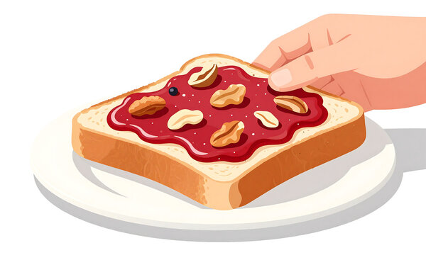 shot hand holding slice toast layer vibrant red berry spread topped assorted nuts partially occluded