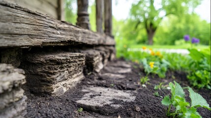 Fototapeta premium Ground view of steps leading to a wooden structure with plants nearby