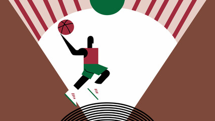 Illustration of a basketball player jumping with a ball against a geometric background design on transparent background silhouette © sajida