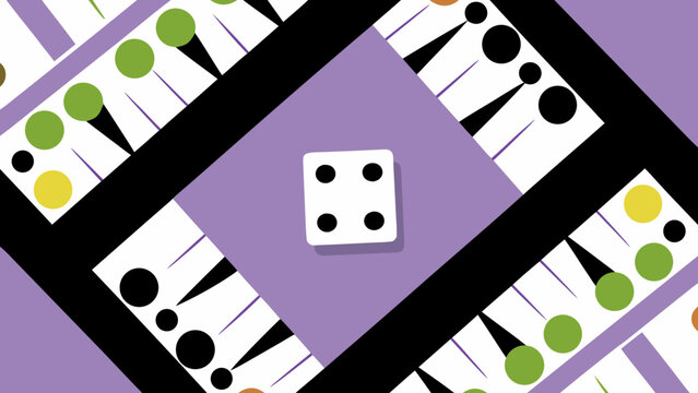 A backgammon board with a die showing four spots in the center of the board and game pieces around it on transparent background silhouette