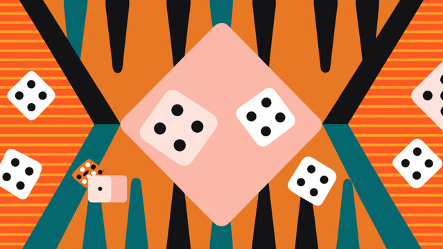 Abstract backgammon board with dice scattered across the surface and geometric shapes creating depth on transparent background silhouette