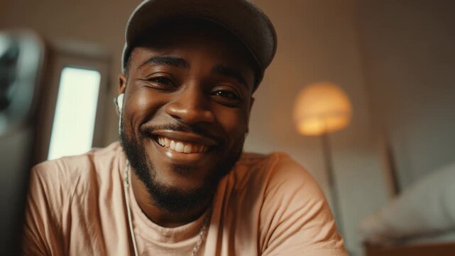 Smiling African American man wearing cap and earbuds, looking at camera in a video call