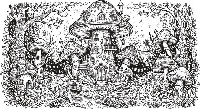 Fantasy mushroom house coloring page for adults with whimsical fairy tale forest background