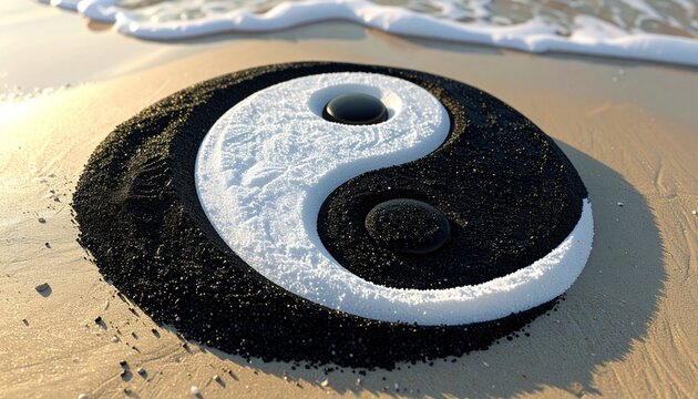Yin Yang Symbol on Sandy Beach.
