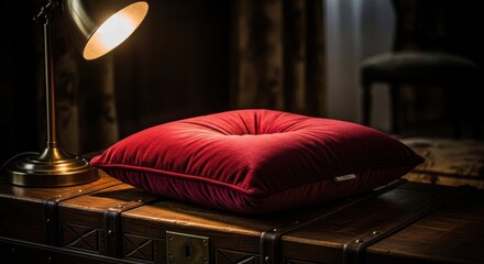 Naklejka premium Rich Burgundy Velvet Tufted Cushion Resting on a Vintage Wooden Trunk with Warm Ambient Lighting