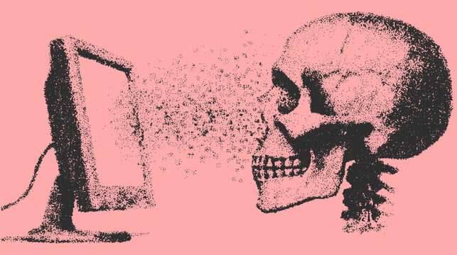 Skeleton emerging from a computer screen in a minimalistic style. Pink monochrome vector illustration with a modern aesthetic.