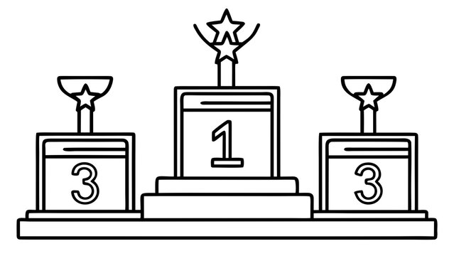 Outline drawing of a winners podium with trophies and stars for first and third place positions on transparent background silhouette