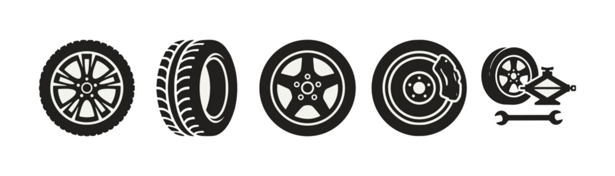 Car Wheels, Tires and Repair Tools Icons Set