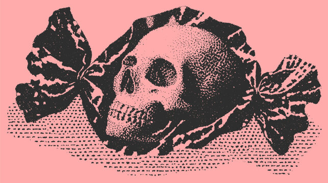 Skull candy illustration in vintage style. Colorful vector illustration with a decorative bow on a pink background for festive occasions.