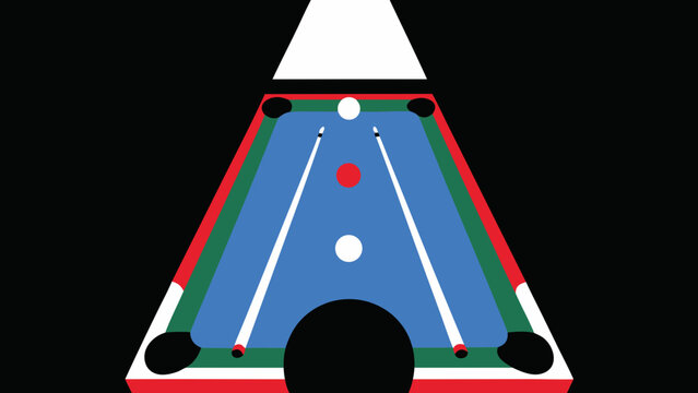 A stylized pool table with balls and cues rendered in bold colors and geometric shapes creating an art piece on transparent background silhouette