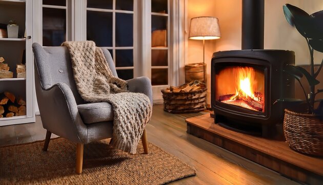 cozy interior with armchair and fireplace warm living room scene featuring burning wood fire and soft knitted blanket relaxing home atmosphere during evening for weekend rest