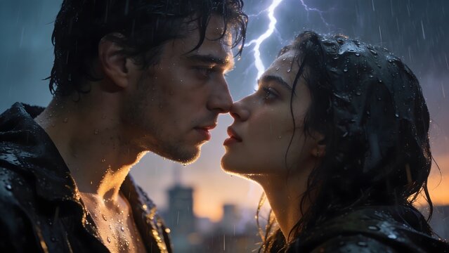 Intense romantic couple sharing an intimate moment in heavy rain with lightning in background. Dramatic cinematic shot of young man and woman about to kiss during a powerful summer storm