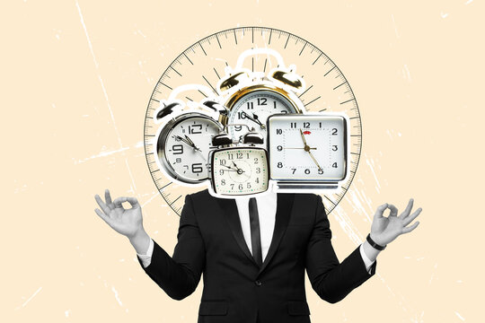 Collage of a man with alarm clocks in the head and and hands in om relaxation gesture on a pink background