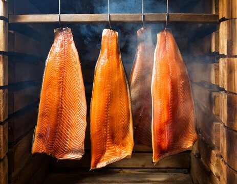 salmon fillets hanging in a smokehouse traditional fish smoking process for preservation and flavor culinary preparation of seafood in a wooden frame with natural smoke