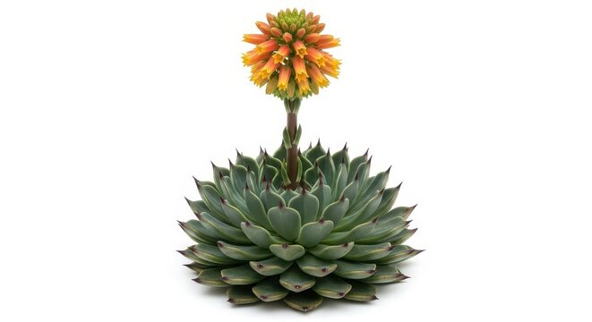Blooming Succulent Plant with Vibrant Orange Flower Cluster Isolated on White Background