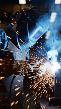 Welder in action sparks fly in a workshop environment